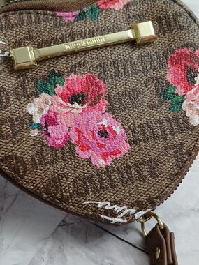 Juicy Couture Floral Monogram Heart Coin Pouch with Gold Trim